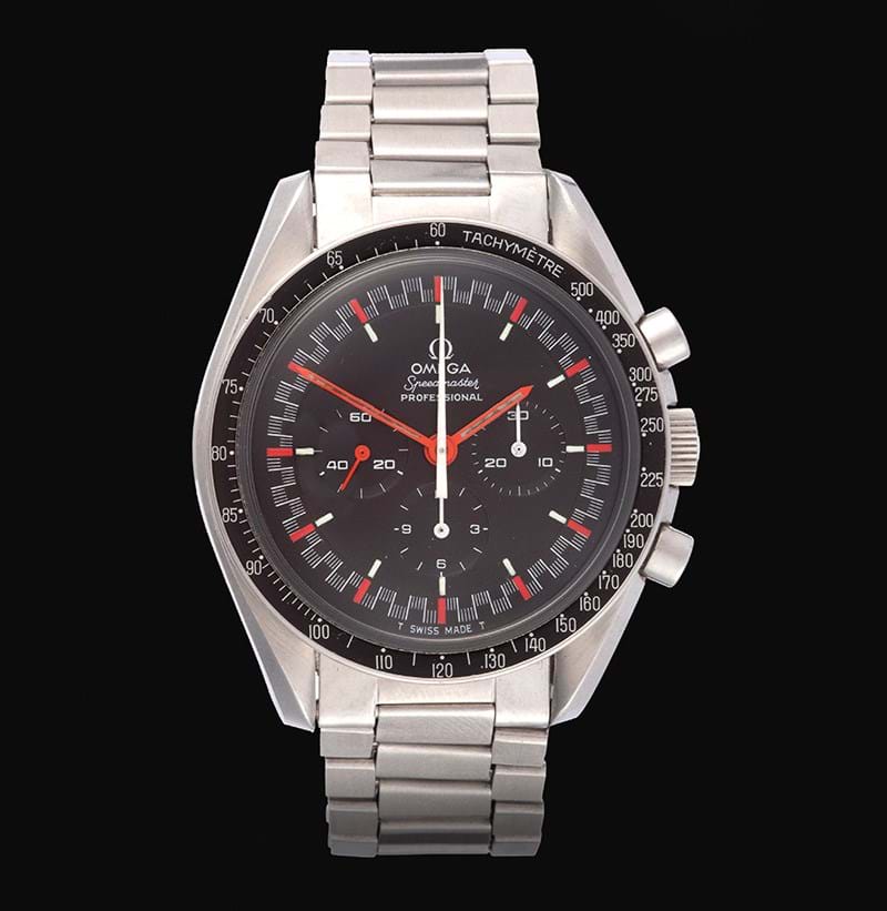 A Fine and Rare First Generation Exotic Red Racing Speedmaster Professional Chronograph Wristwatch, signed Omega, model: First Generation Professional Speedmaster Red Racing, ref: 145012, made in 1967