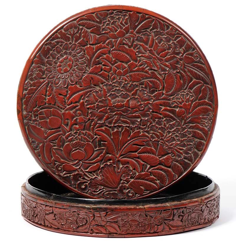 A Chinese Carved Cinnabar Lacquer Floral Box and Cover, probably early Ming Dynasty