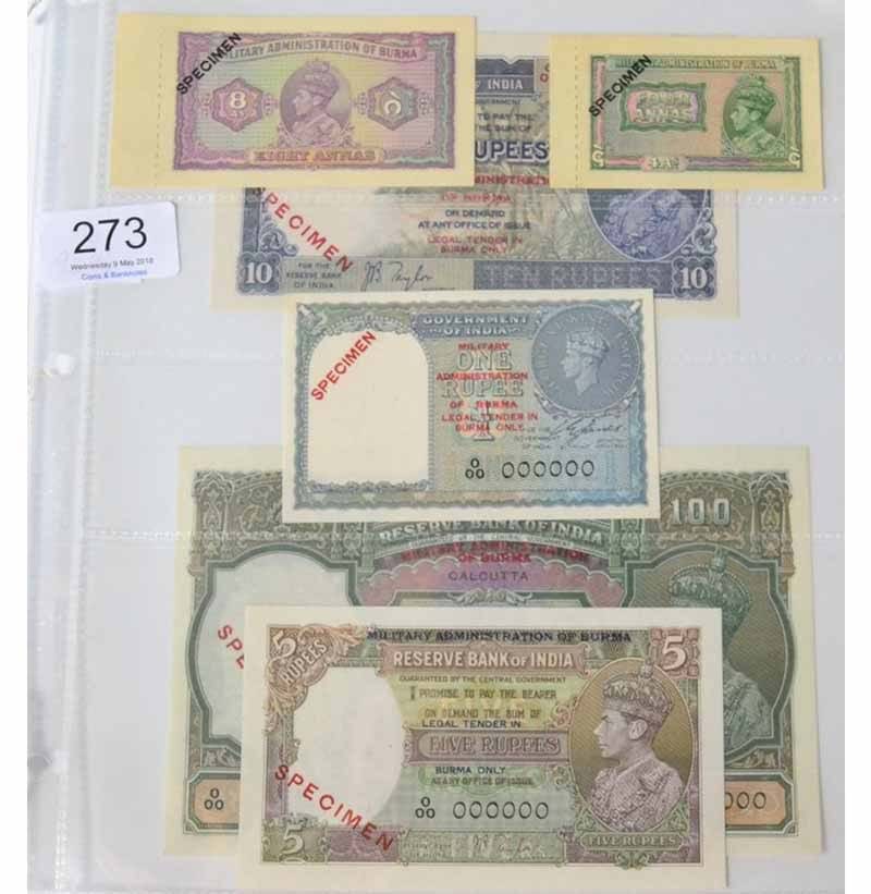 Burma, a Set of 6 x Specimen Banknotes