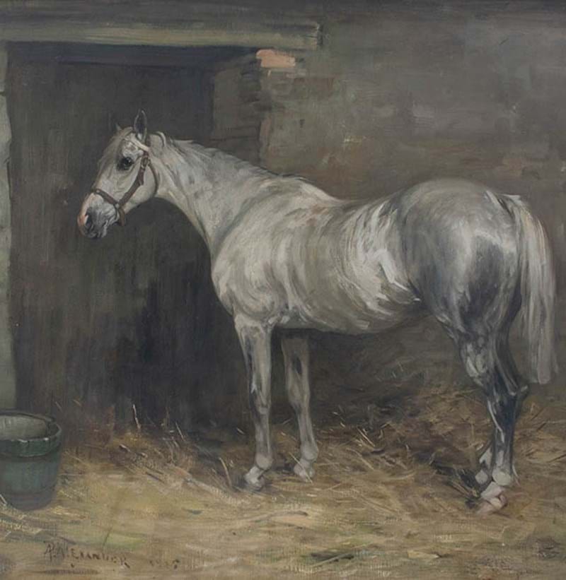 Robert L Alexander RSA RSW (1840-1923) Scottish Standing grey horse in a stable