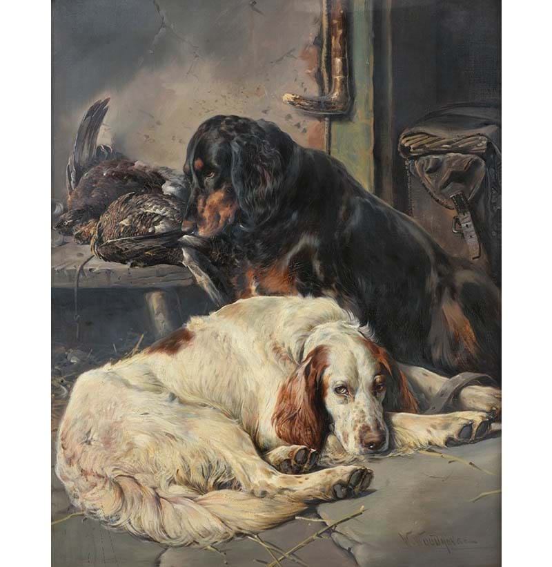William Woodhouse (1857-1939) A study of two Setters at rest after a day in the field